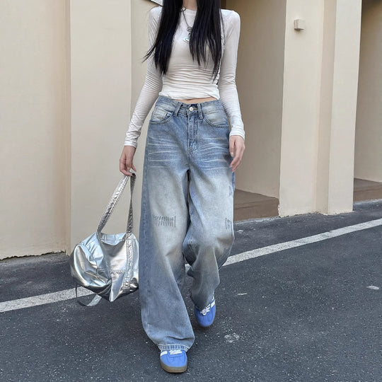 Damen Weite Baggy-Jeans mit modischem Used-Effekt und hohen Taschen R&B