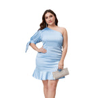 Damen Figurbetontes Kleid mit asymmetrischem Ärmel und Rüschenabschluss R&B