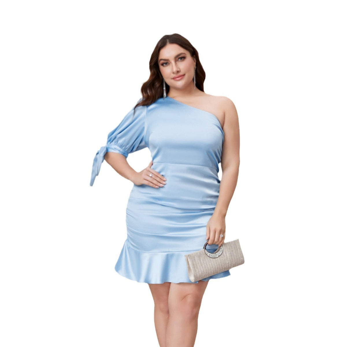 Damen Figurbetontes Kleid mit asymmetrischem Ärmel und Rüschenabschluss R&B