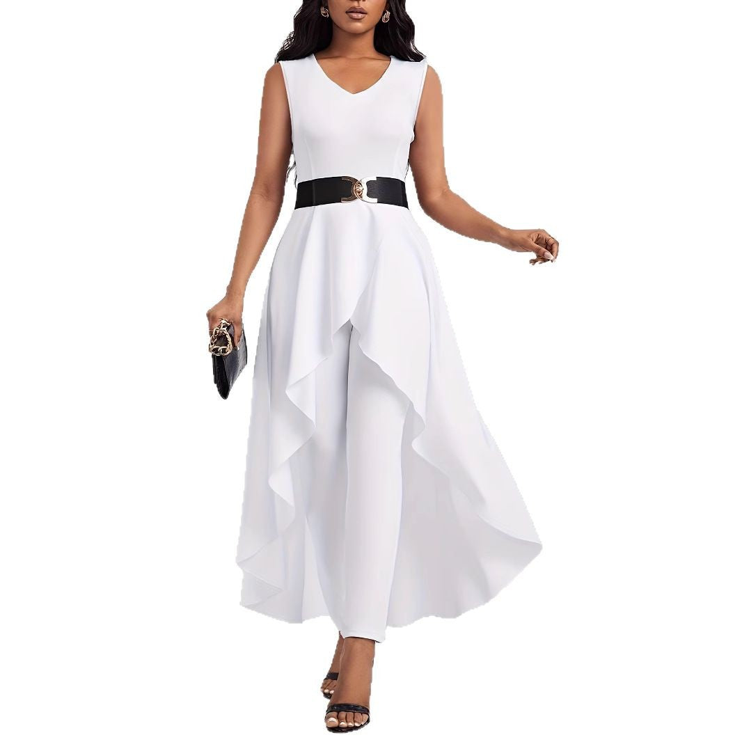 Damen Elegante Jumpsuit mit asymmetrischem Rock und tiefem V-Ausschnitt R&B