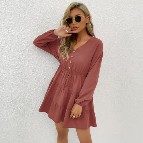 Damen Midi-Kleid mit knöpfbarem Ausschnitt und Taillenbindung R&B