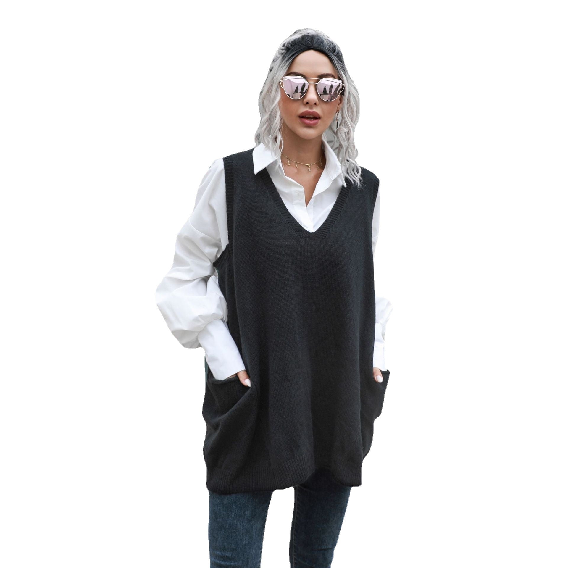 Damen Strickkleid mit tiefem V-Ausschnitt und lässigem Schnitt R&B