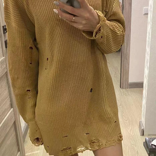 Damen Lässiger Pullover im Oversized-Stil mit V-Ausschnitt und lässigen Fransen R&B