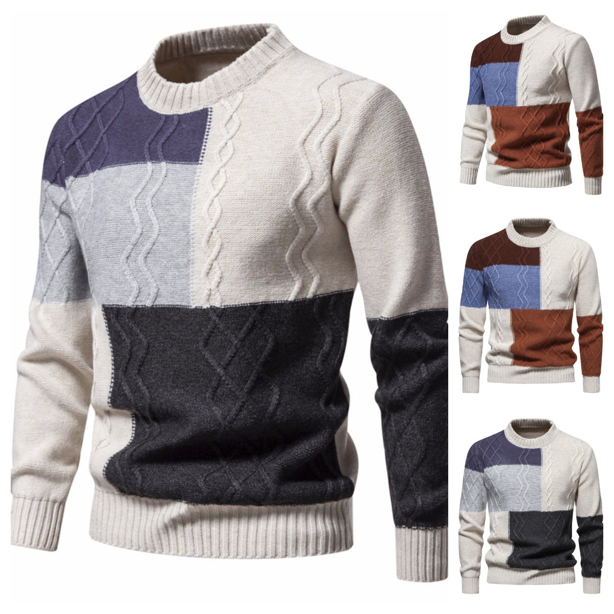 Herren Strickpullover mit modernem Zopfmuster und buntem Blockdesign