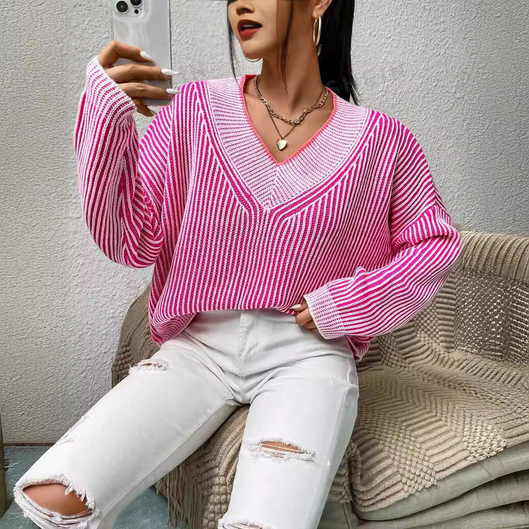 Damen lässiger V-Ausschnitt Pullover mit Streifenmuster R&B
