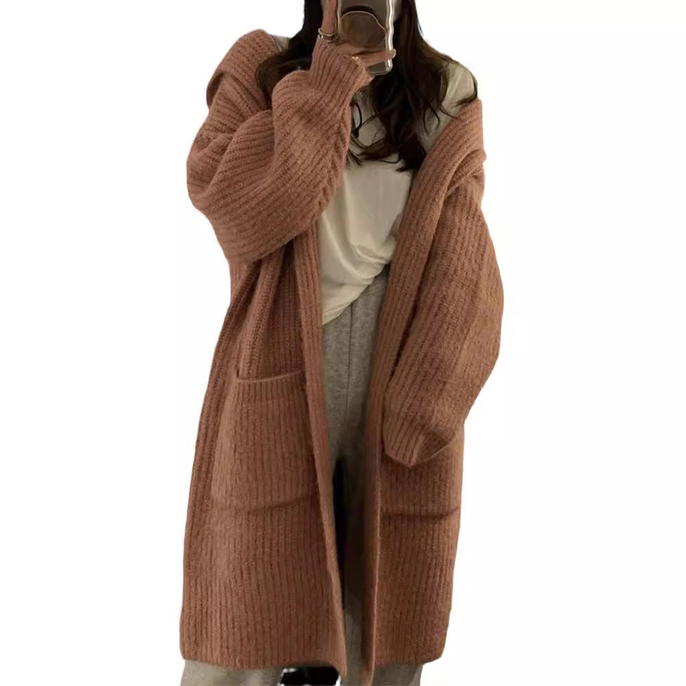 Damen Langer Strickcardigan mit tiefem V-Ausschnitt und Taschen R&B