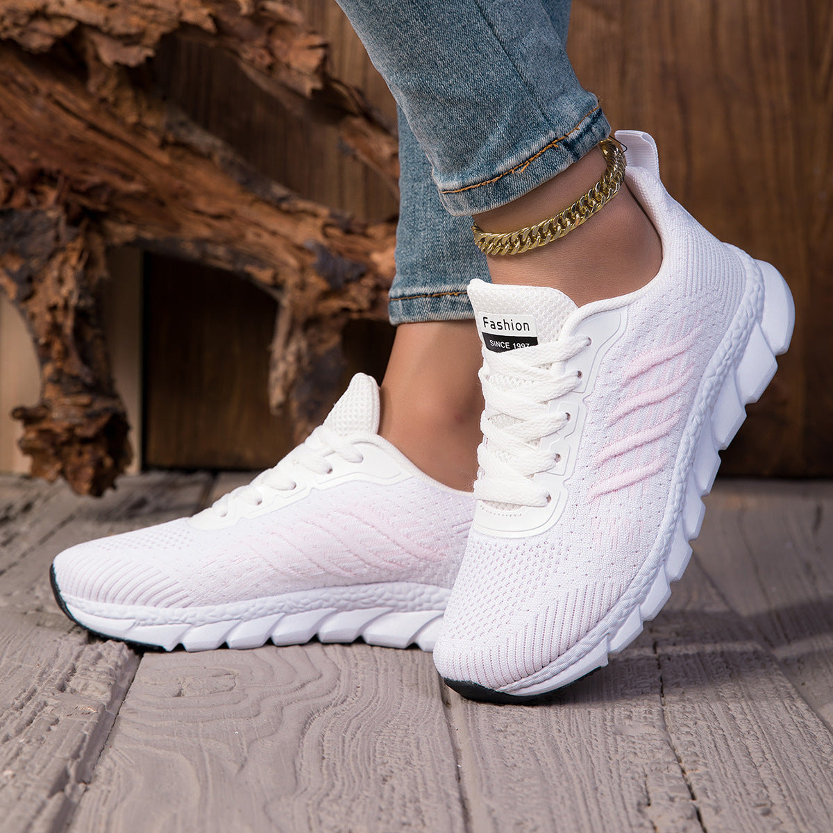 Damen nan gestrickter Schlupf-Sneaker mit elastischem Schaft, Zier-Schnürung und segmentierter Dämpfungssohle R&B