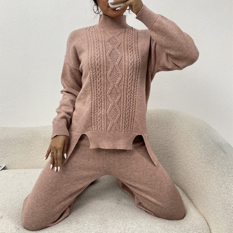 Damen eleganter Strickanzug mit hohem Kragen und farbenfrohem Muster R&B