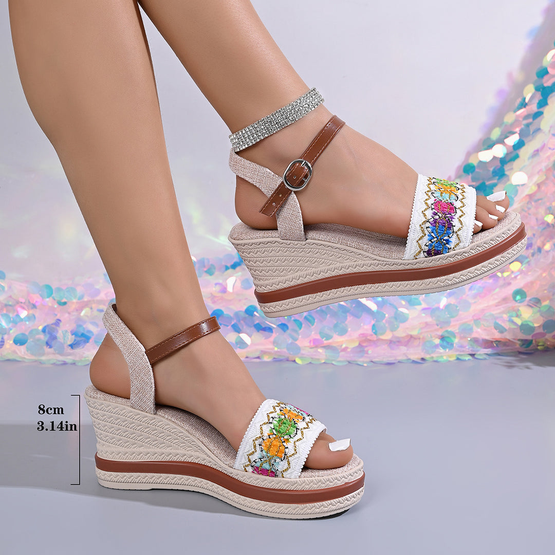 Damen Wedge-Sandalen mit buntem Stickereibesatz und komfortablem Riemchen R&B