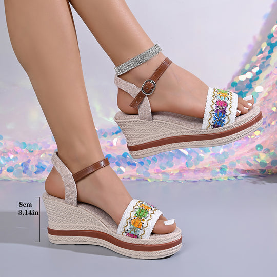 Damen Wedge-Sandalen mit buntem Stickereibesatz und komfortablem Riemchen R&B