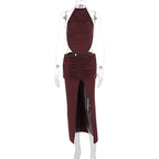 Damen Elegantes Maxikleid mit asymmetrischem Halterhals und ausgefallenem Schlitz R&B