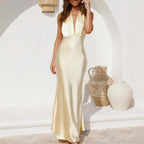 Damen elegantes satiniertes Maxikleid mit tiefem V-Ausschnitt und figurbetontem Schnitt EB