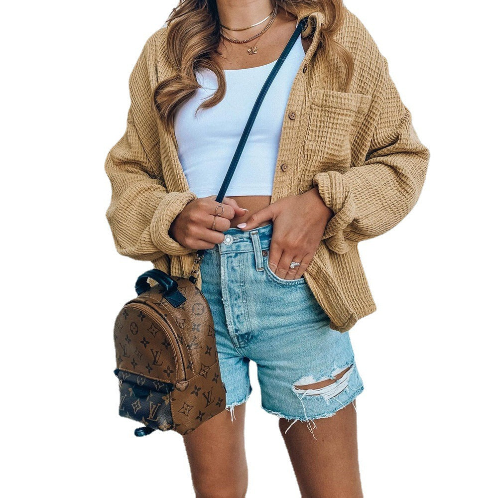 Damen lässige Overshirt-Jacke mit Knopfverschluss und voluminösen Ärmeln R&B