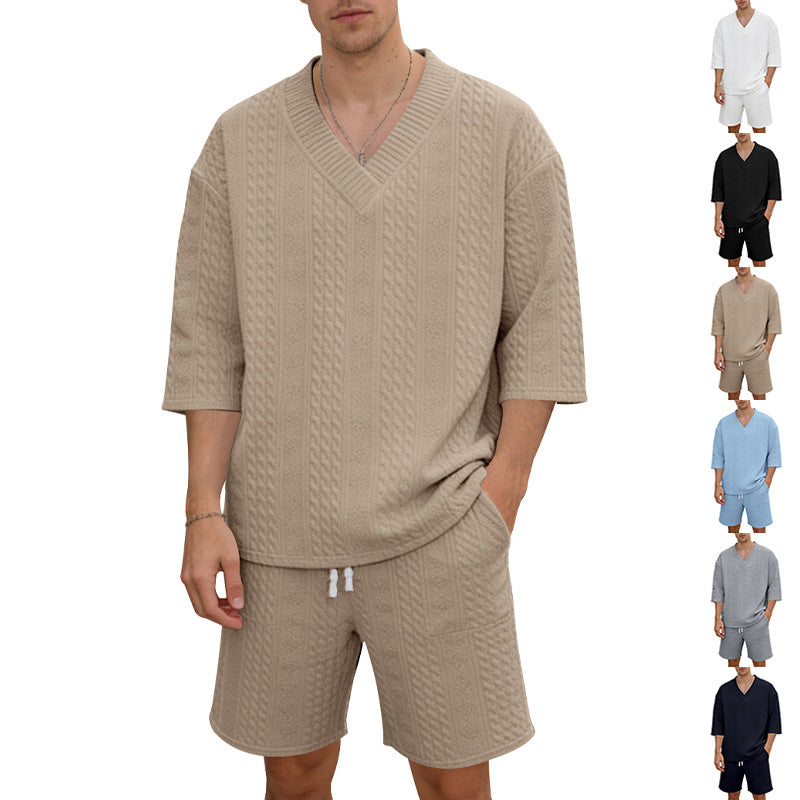 Unisex nan lässiges Lounge-Set mit V-Ausschnitt-Oberteil und Kordelbund-Shorts R&B