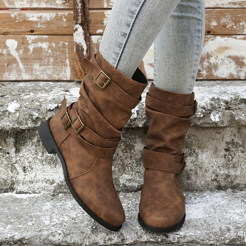 Damen modische Stiefeletten mit stylishen Schnallen und raffiniertem Falten-Design R&B