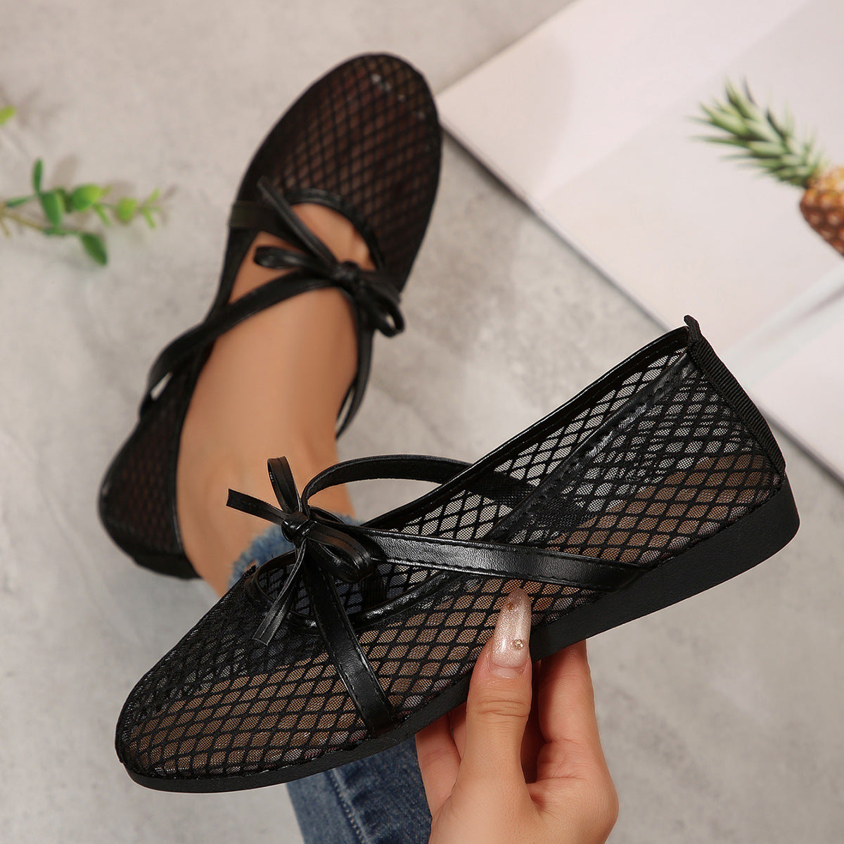 Damen Netz-Ballerinas mit elastischem Riemen und dekorativem Schleifendetail R&B