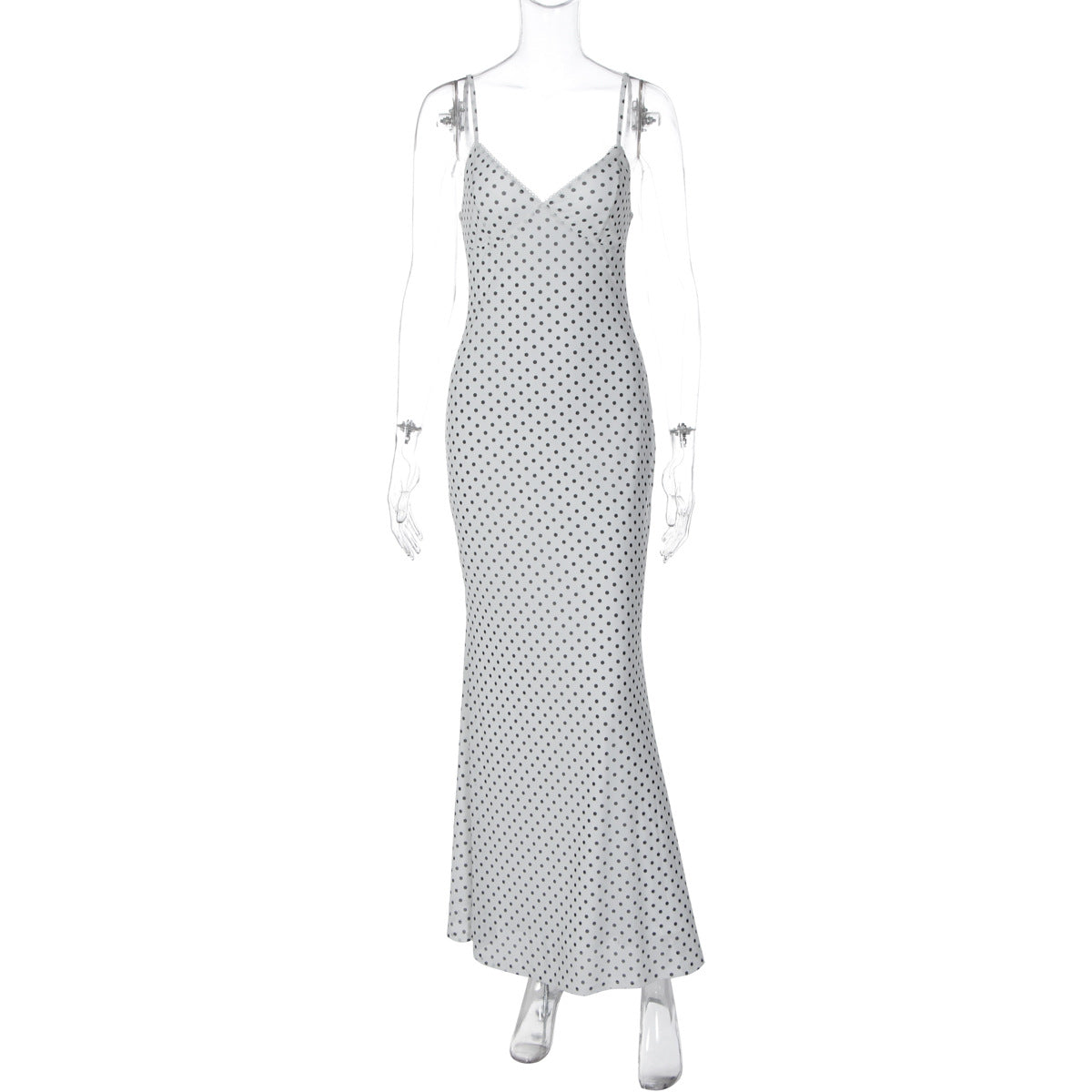 Damen Elegantes Maxikleid mit zartem Punktedesign und Spaghetti-Trägern R&B