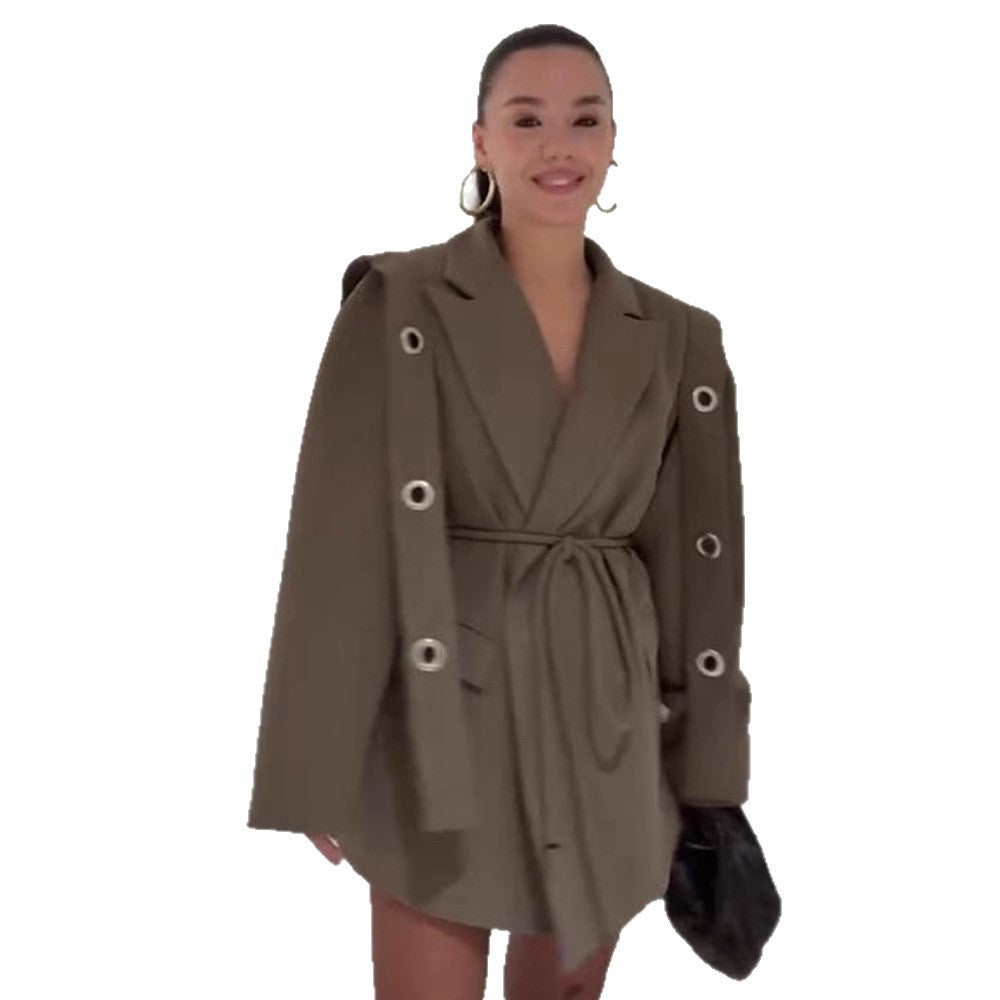 Damen Oversized Blazerjacke mit modischen Bindetail und großen Knöpfen R&B