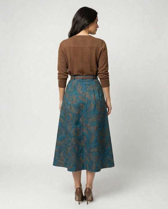 Damen Polo Cardigan Zopfmuster Midirock mit hohem Bund, Jacquardstruktur, dezenter Faltenlegung und Eingrifftaschen R&B