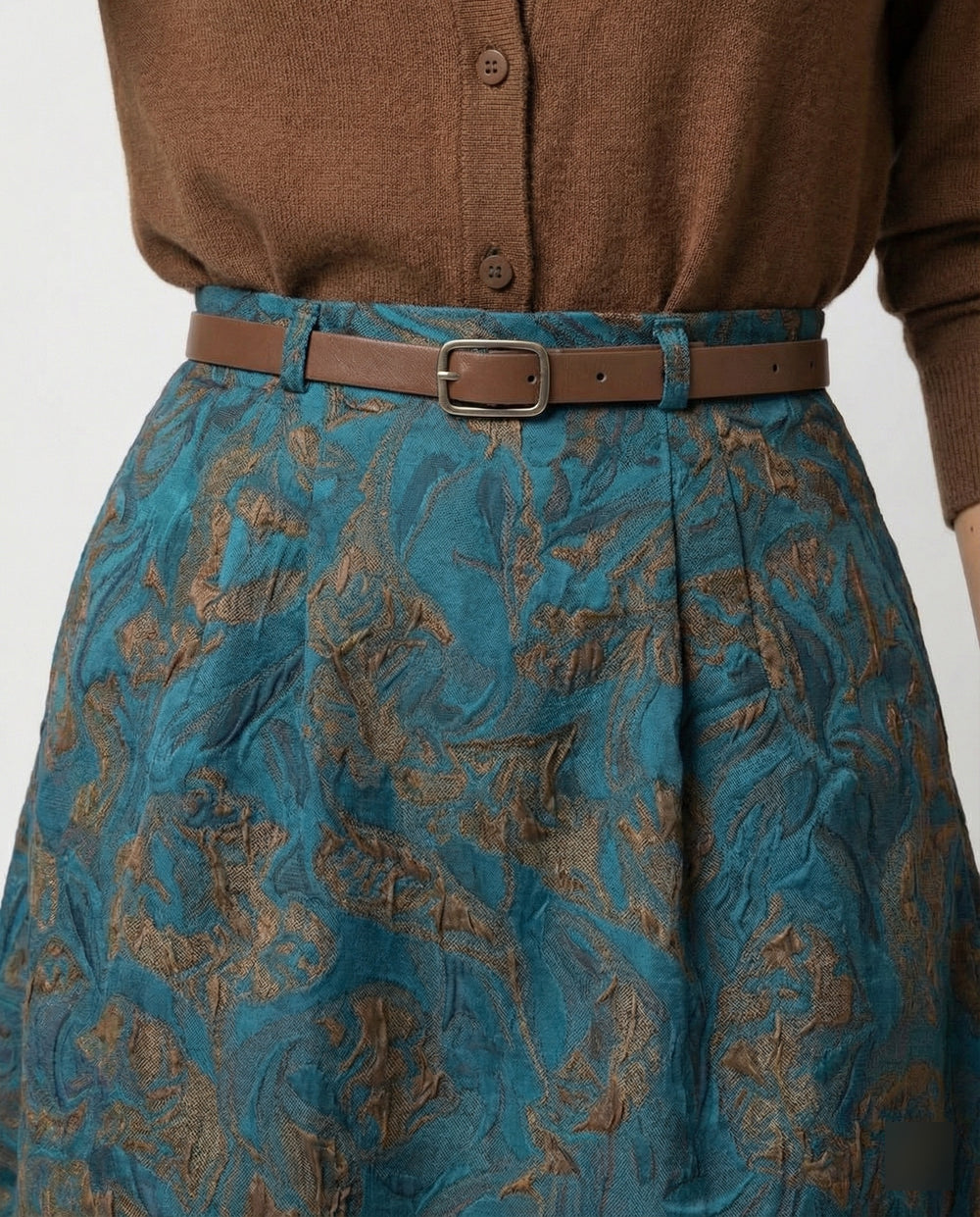 Damen Polo Cardigan Zopfmuster Midirock mit hohem Bund, Jacquardstruktur, dezenter Faltenlegung und Eingrifftaschen R&B