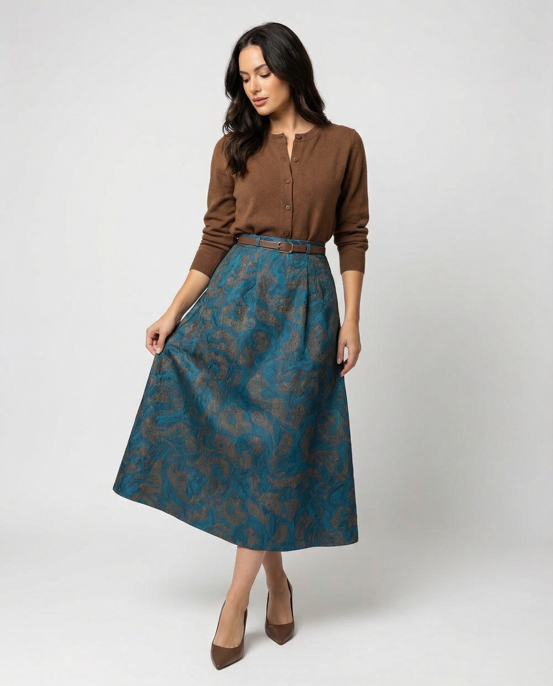 Damen Polo Cardigan Zopfmuster Midirock mit hohem Bund, Jacquardstruktur, dezenter Faltenlegung und Eingrifftaschen R&B