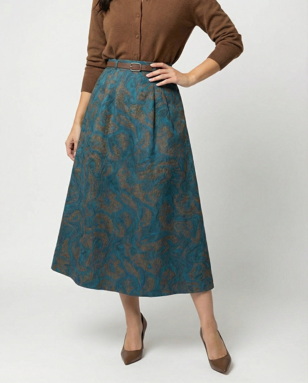 Damen Polo Cardigan Zopfmuster Midirock mit hohem Bund, Jacquardstruktur, dezenter Faltenlegung und Eingrifftaschen R&B