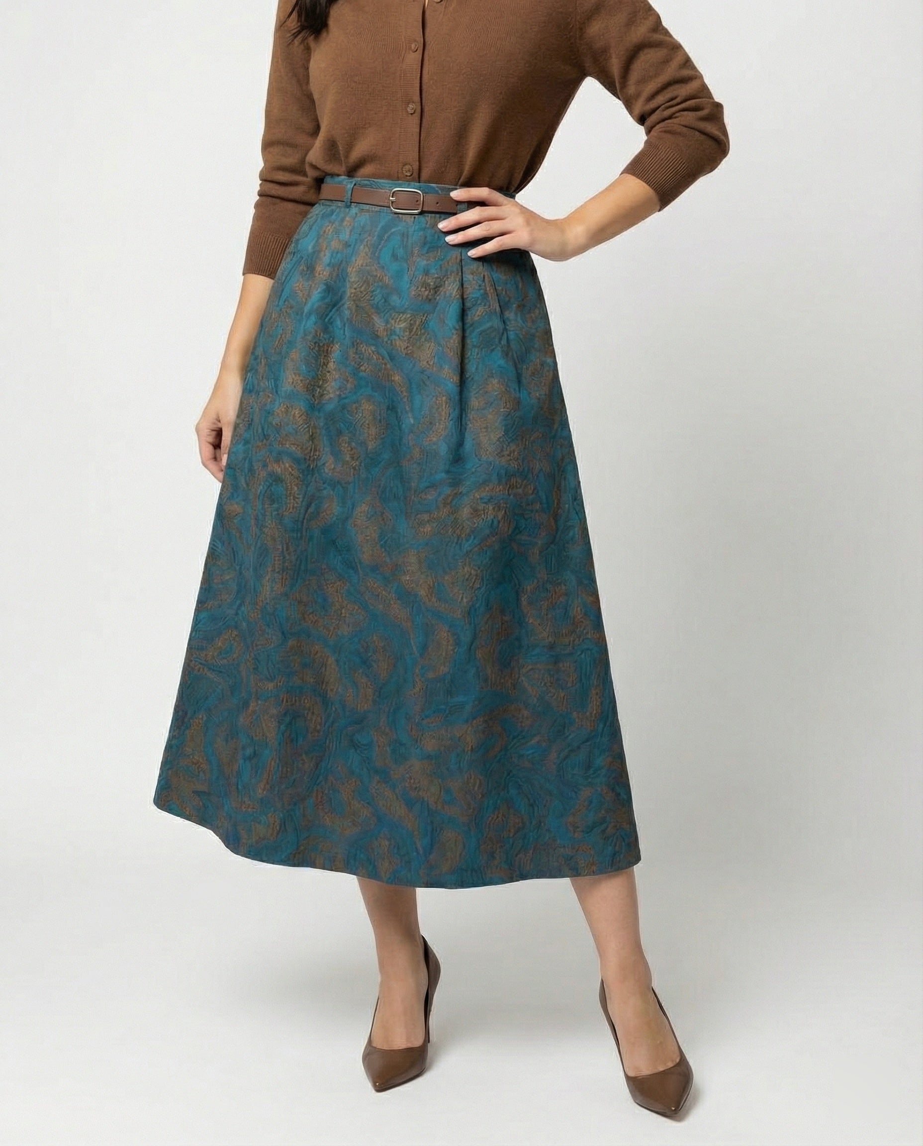 Damen Polo Cardigan Zopfmuster Midirock mit hohem Bund, Jacquardstruktur, dezenter Faltenlegung und Eingrifftaschen R&B