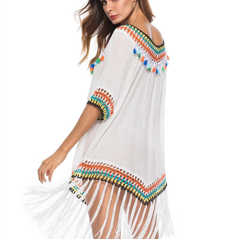 Damen Strandüberwurfkleid mit fransigem Saum und buntem Häkelmuster R&B