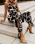 Damen Modischer Jumpsuit mit tiefem V-Ausschnitt und elegantem Druck R&B