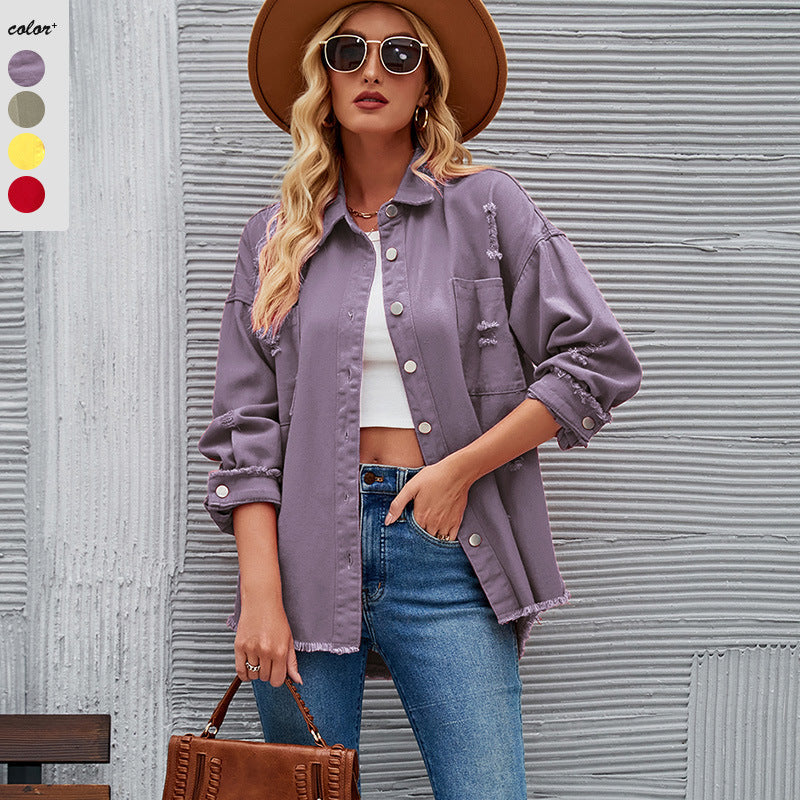 Damen Oversized Denim Jacke mit fransigen Details und Knopfleiste R&B