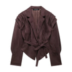 Damen nan taillierter Wildlederoptik Blazer mit Wickelgürtel und gerafften Schultern R&B