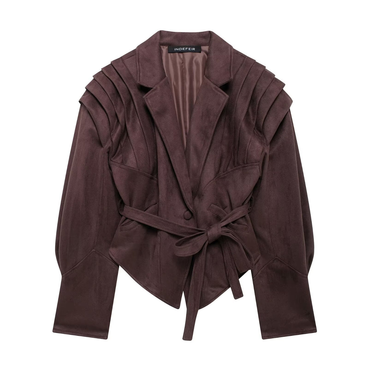 Damen nan taillierter Wildlederoptik Blazer mit Wickelgürtel und gerafften Schultern R&B