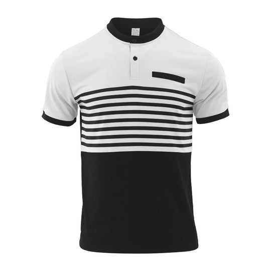 Herren nan kurzärmeliges Streifen-Kurzarmshirt mit Knopfleiste, Stehkragen und Brustpaspel R&B