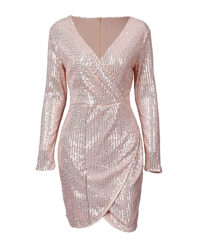 Damen Glamouröses Pailletten-Shiftkleid mit tiefem V-Ausschnitt und langen Ärmeln R&B