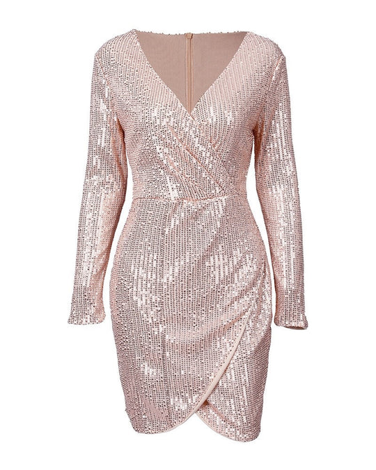 Damen Glamouröses Pailletten-Shiftkleid mit tiefem V-Ausschnitt und langen Ärmeln R&B