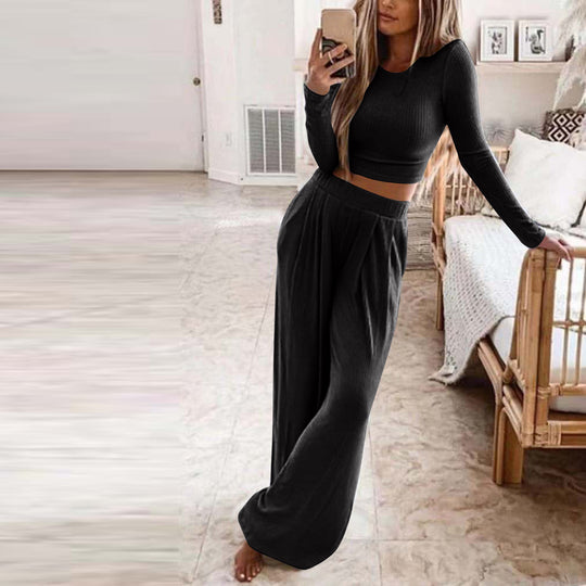 Damen Elegantes Lounge-Set mit langärmeligem Oberteil und weiten Hosen R&B