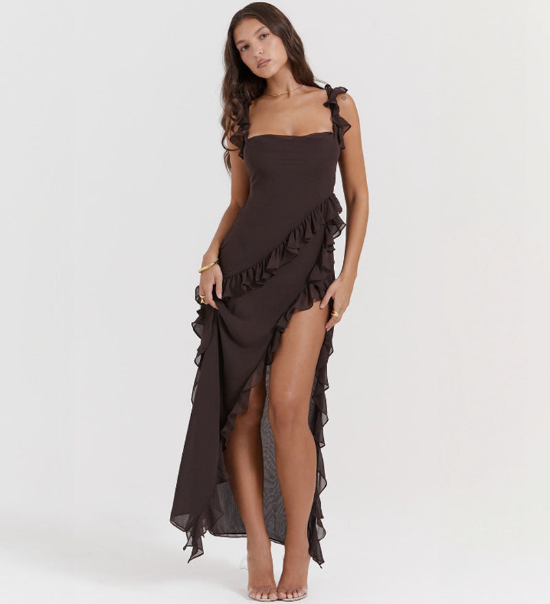 Damen Maxikleid mit verführerischen Rüschen und hohen Schlitz Heidi-Mode