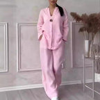 Damen nan lässiges Leinen-Relax-Set mit weiter Hose und Hemdbluse R&B