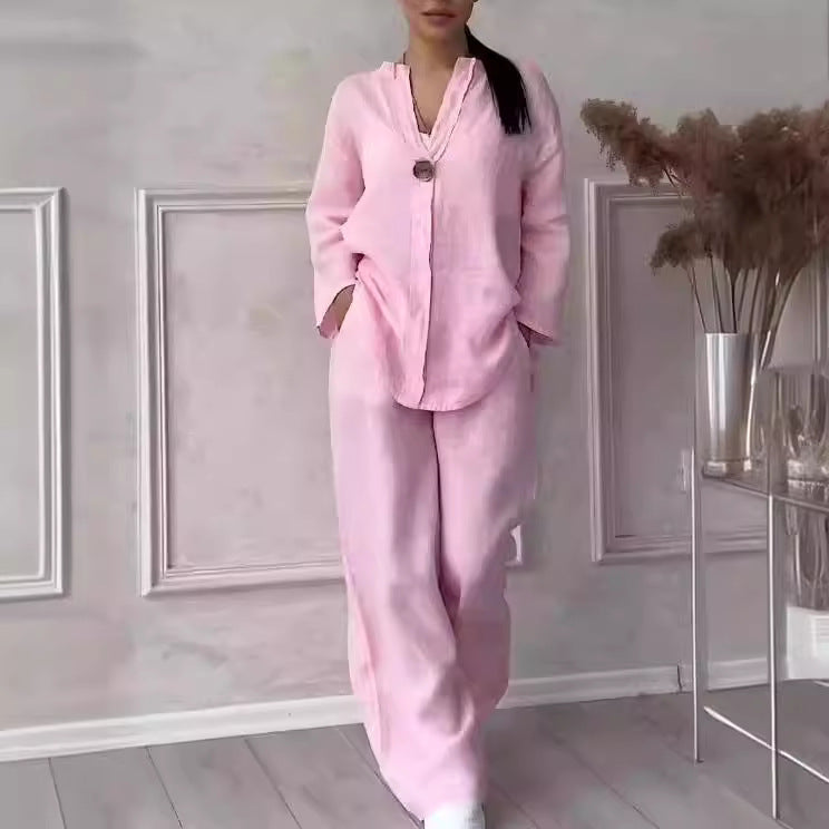 Damen nan lässiges Leinen-Relax-Set mit weiter Hose und Hemdbluse R&B