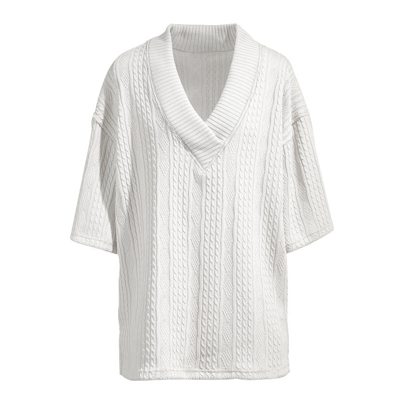 Damen nan weiter Kurzarm-Strickpullover mit Schalkragen und Zopfmuster R&B