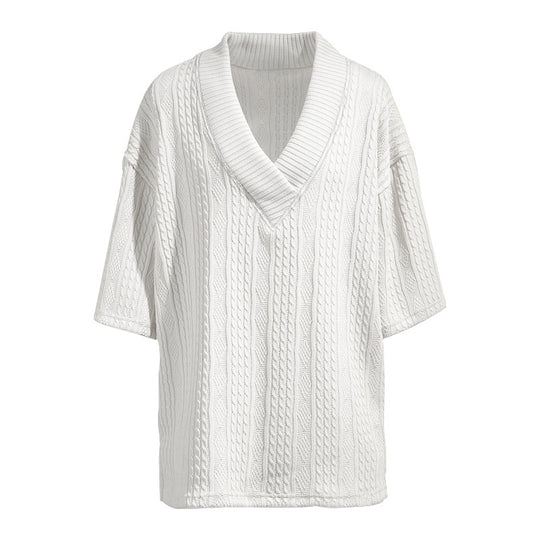 Damen nan weiter Kurzarm-Strickpullover mit Schalkragen und Zopfmuster R&B