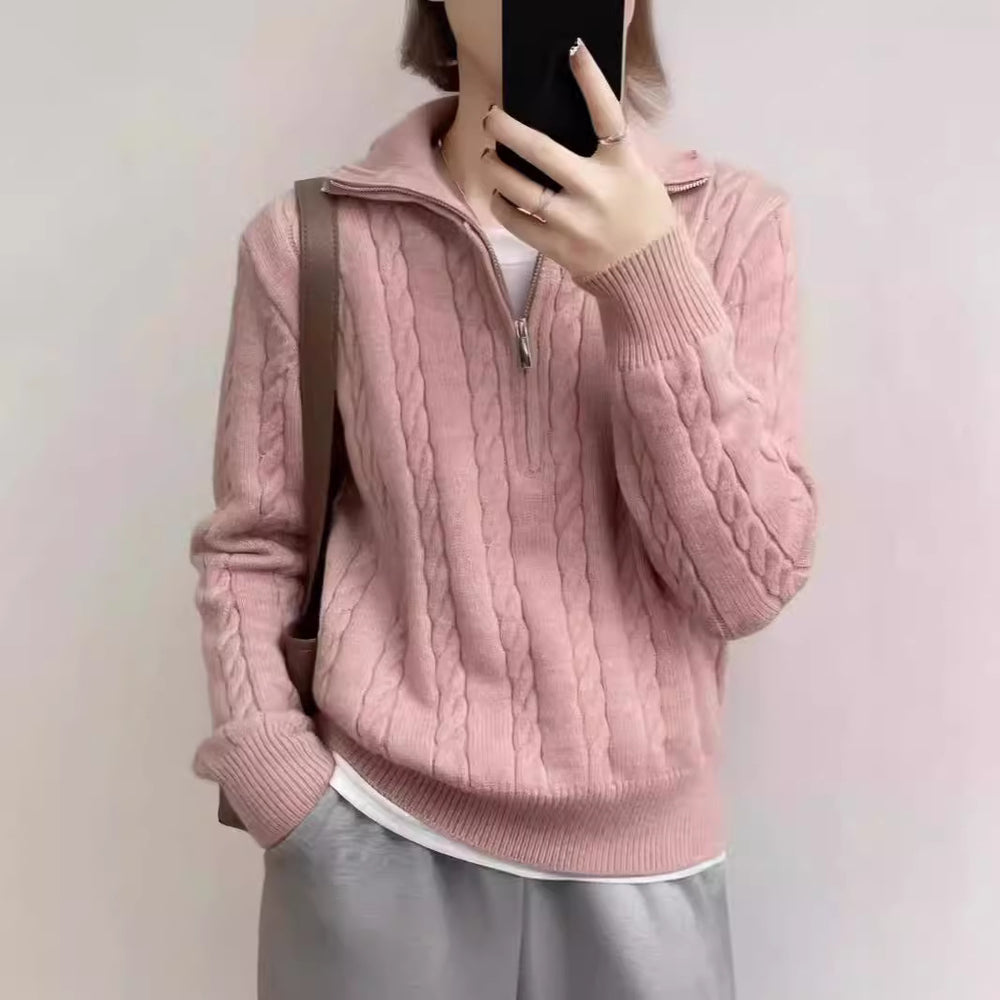 Damen kuscheliger Strickpullover mit hochschließendem Kragen und Zipper R&B