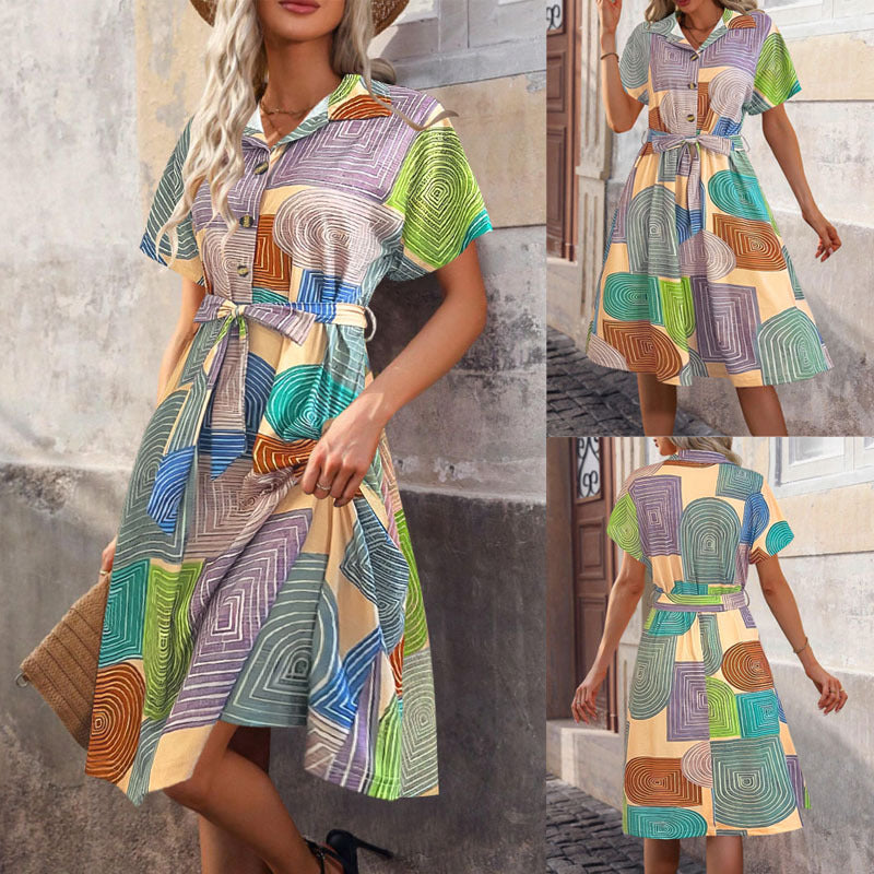 Damen ärmelloses Kleid mit geometrischem Muster und Bindegürtel R&B