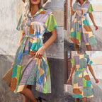 Damen ärmelloses Kleid mit geometrischem Muster und Bindegürtel R&B