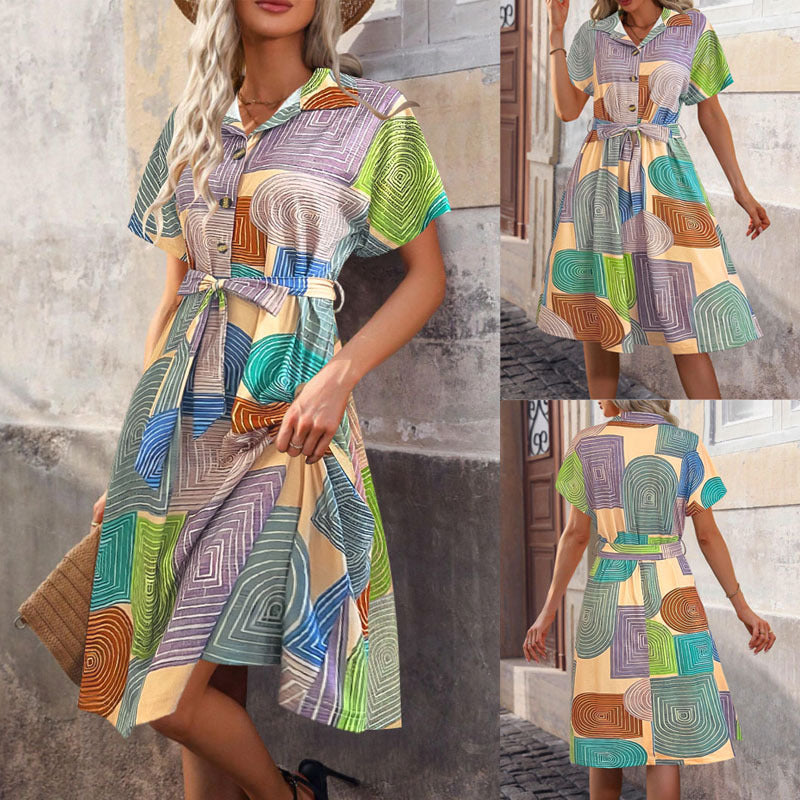 Damen ärmelloses Kleid mit geometrischem Muster und Bindegürtel R&B