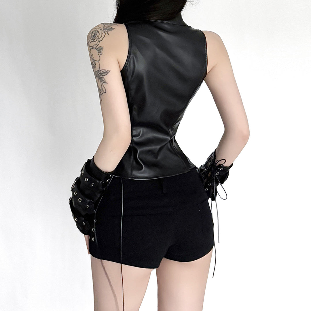 Damen Kunstleder-Crop-Top mit dekorativen Schnallen und hochgeschlossenem Kragen R&B
