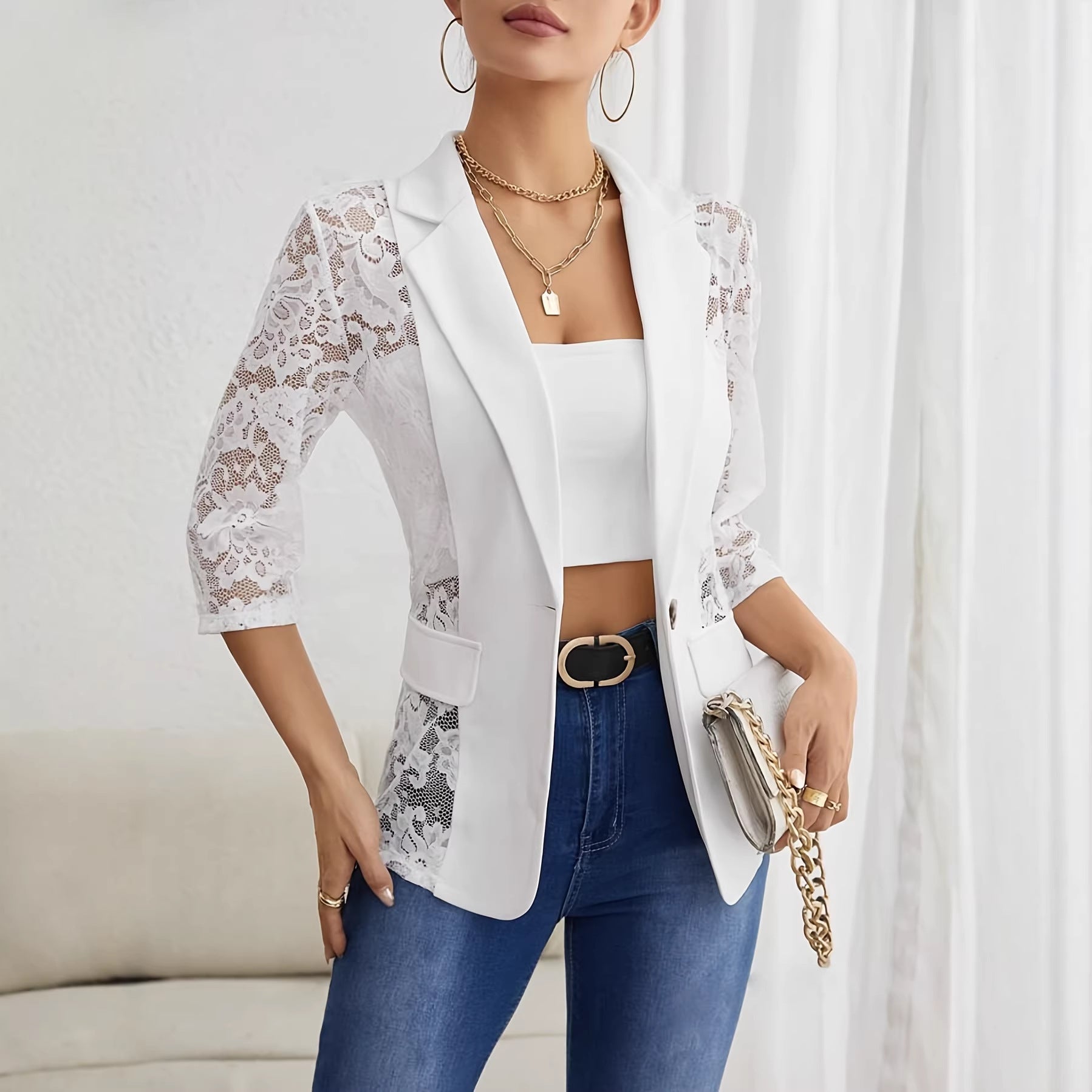 Damen nan taillierter Longblazer mit Spitzeneinsätzen und Reverskragen R&B