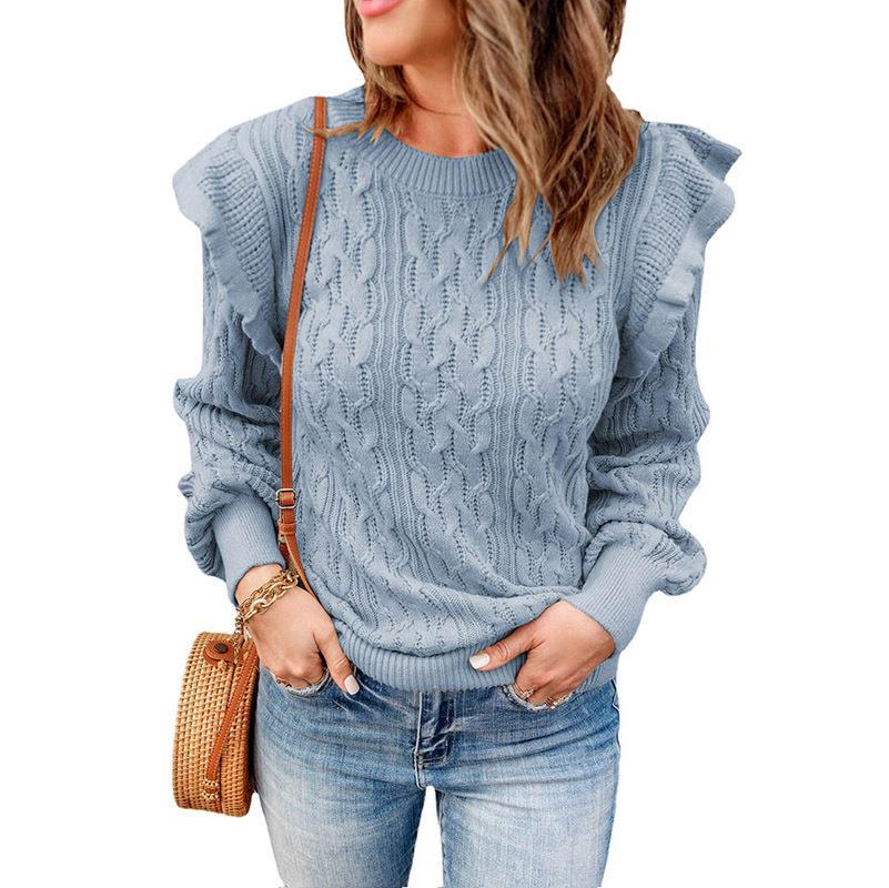 Damen Grobstrickpullover mit Rüschenärmeln und modischem Muster R&B