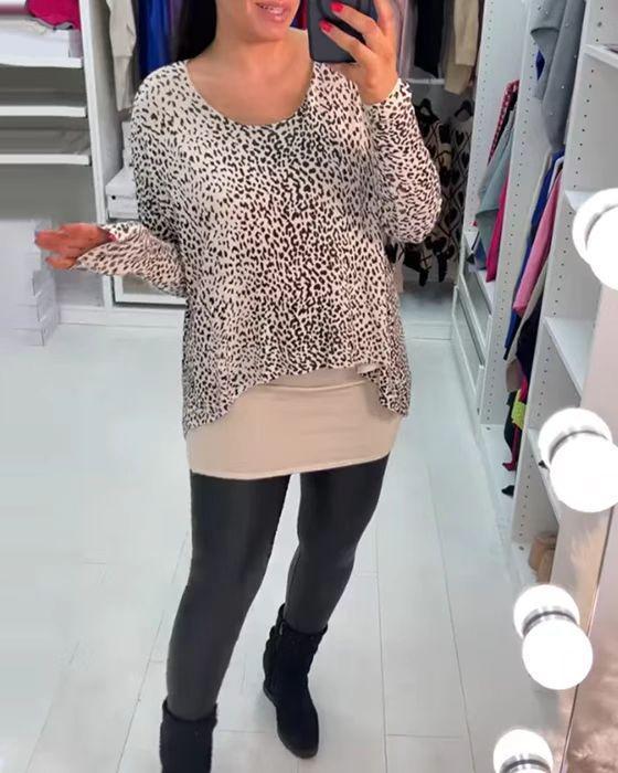 Damen nan weit geschnittenes Tunika-Longsleeve mit Leomuster, abgerundetem Saum und Lagenoptik R&B