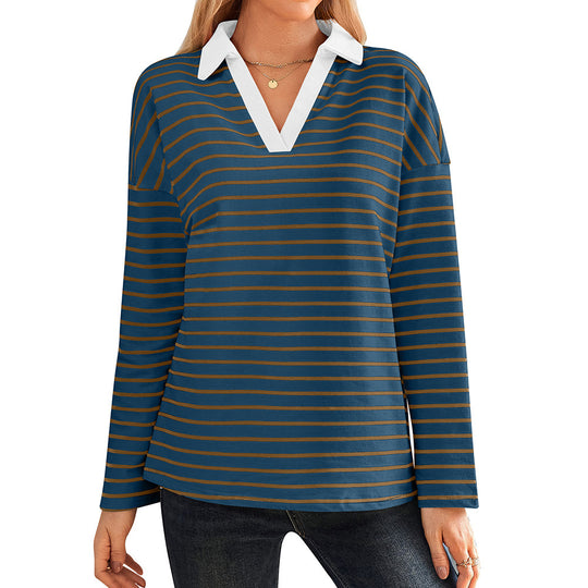 Damen gestreiftes Polo-Shirt mit V-Ausschnitt und kontrastierendem Kragen R&B